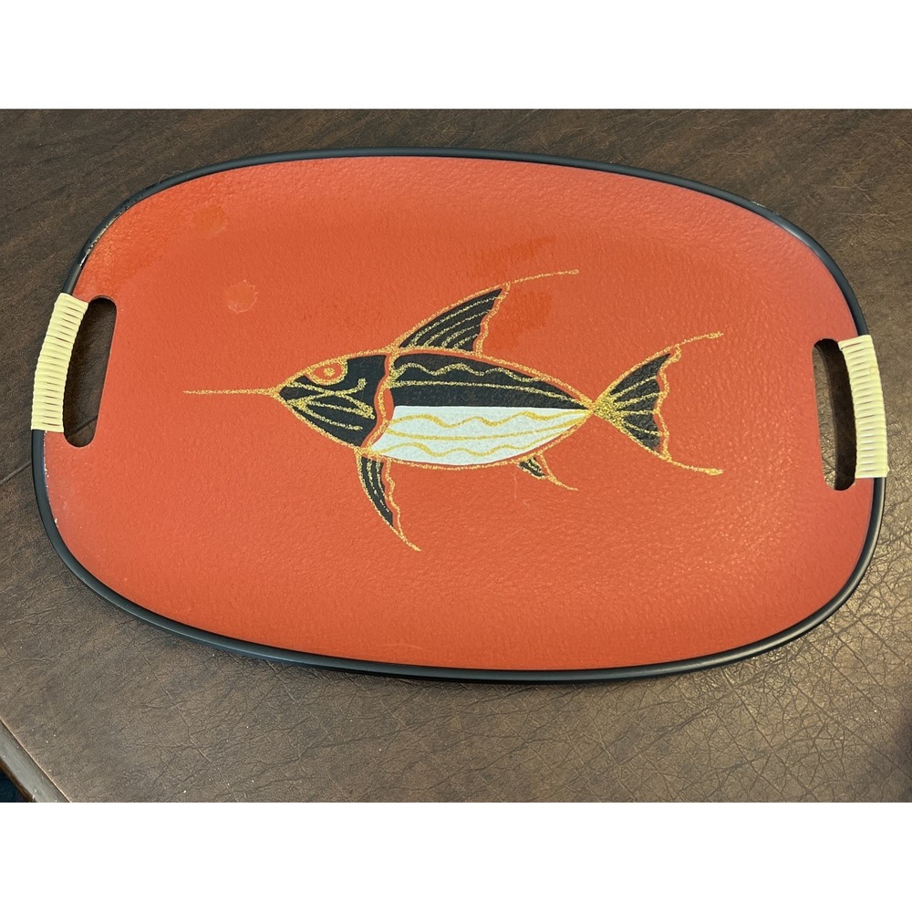 Vintage Red Wood Lacquerware Japan Swordfish Serving Tray Marlin Decor